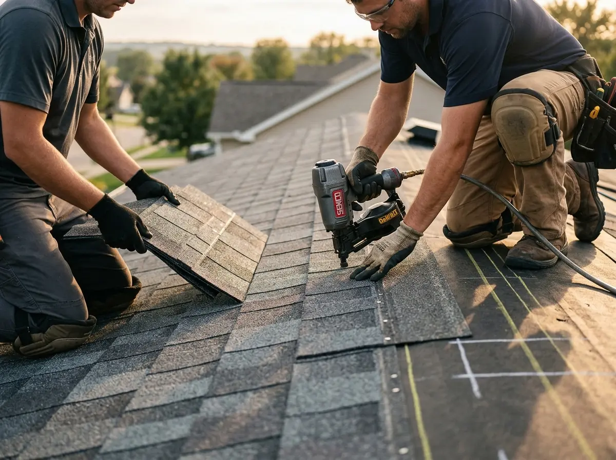 Professional roofer working on a residential roof in Lackawaxen